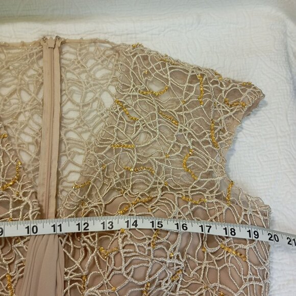 Tadashi Shoji Evening Gown Gold Beaded Lace Cap Sleeves Pleated Front Sz 14 - Picture 11 of 12